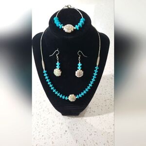 Boho Turquoise-Style Beaded Jewelry Set | Necklace, Bracelet & Earrings | Silver